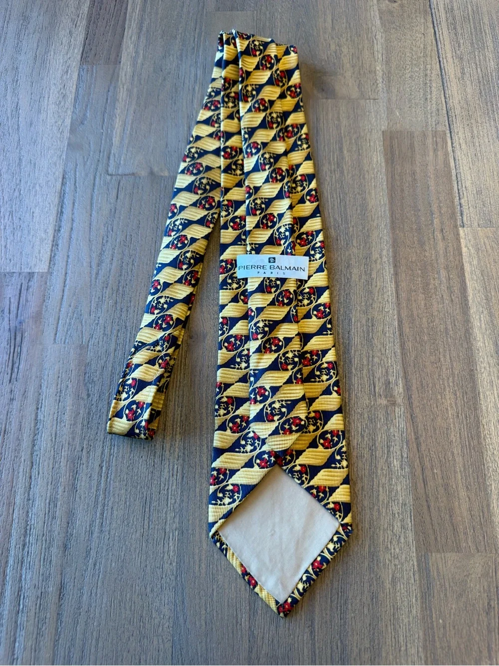 Pierre Balmain Paris 100% Silk Floral Geometric Necktie Gold Navy Red 3.5”